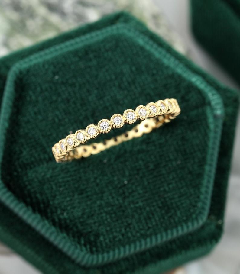 VINTAGE YELLOW GOLD FULL ETERNITY BEZEL SET MILGRAIN MOISSANITE WEDDING BAND FOR WOMEN