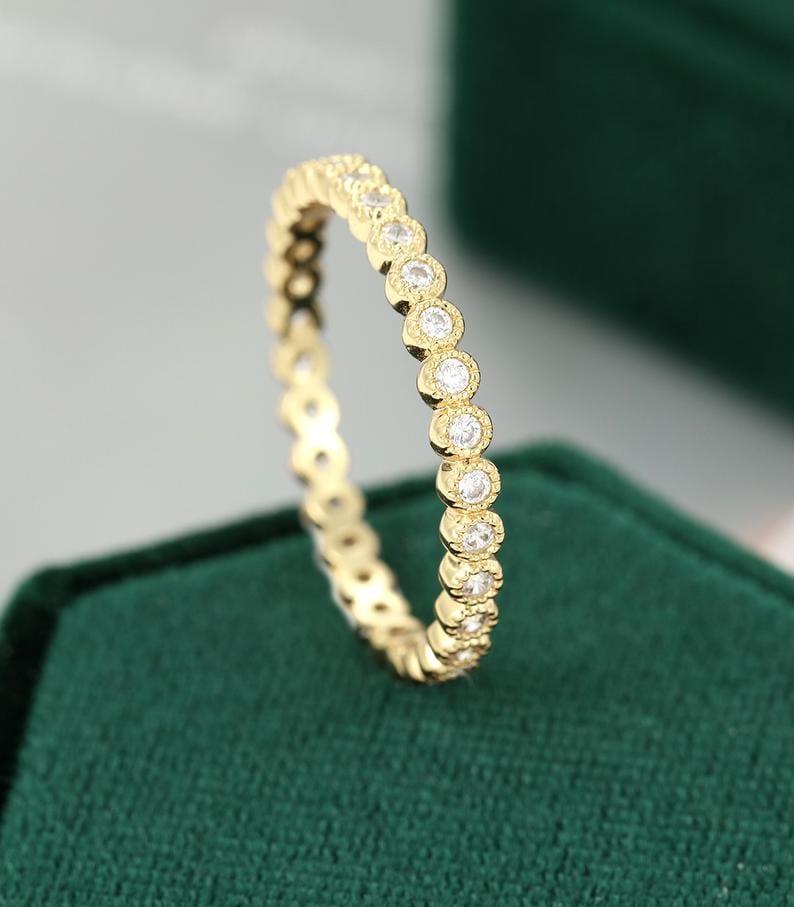 VINTAGE YELLOW GOLD FULL ETERNITY BEZEL SET MILGRAIN MOISSANITE WEDDING BAND FOR WOMEN