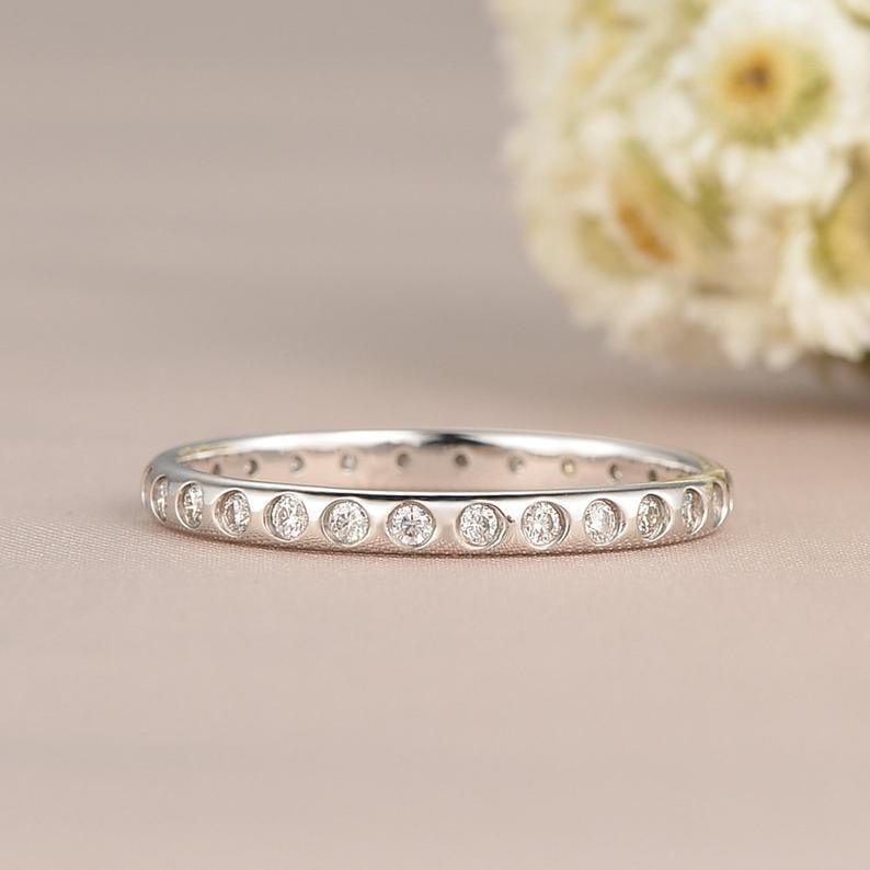 WHITE GOLD BEZEL SETTING STACKING FULL ETERNITY MOISSANITE WEDDING BAND FOR WOMEN